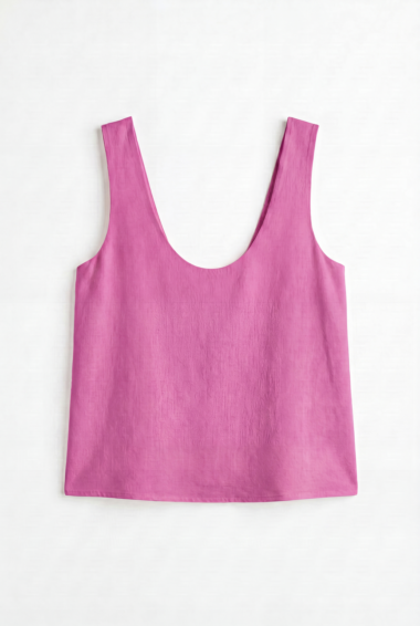Bright pink sleeveless scoop-neck top laid flat on a white background