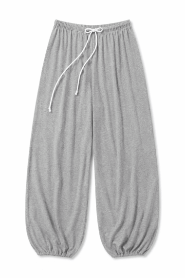 Gray drawstring jogger pants with elastic waistband and gathered cuffs at ankles (lounge/athleisure wear).