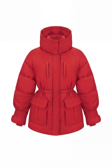 Red puffer jacket with a high stand-up collar, cinched waist, and front flap pockets on the hips.