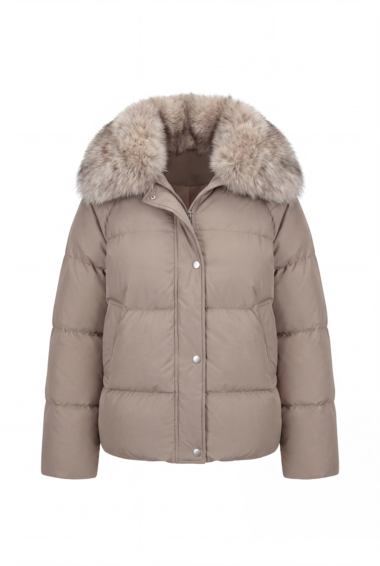 Beige down jacket with a large fluffy fur-trimmed hood and front snap buttons.