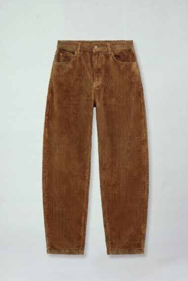 Brown corduroy trousers laid flat on a light background, showing front pockets and a waist button.
