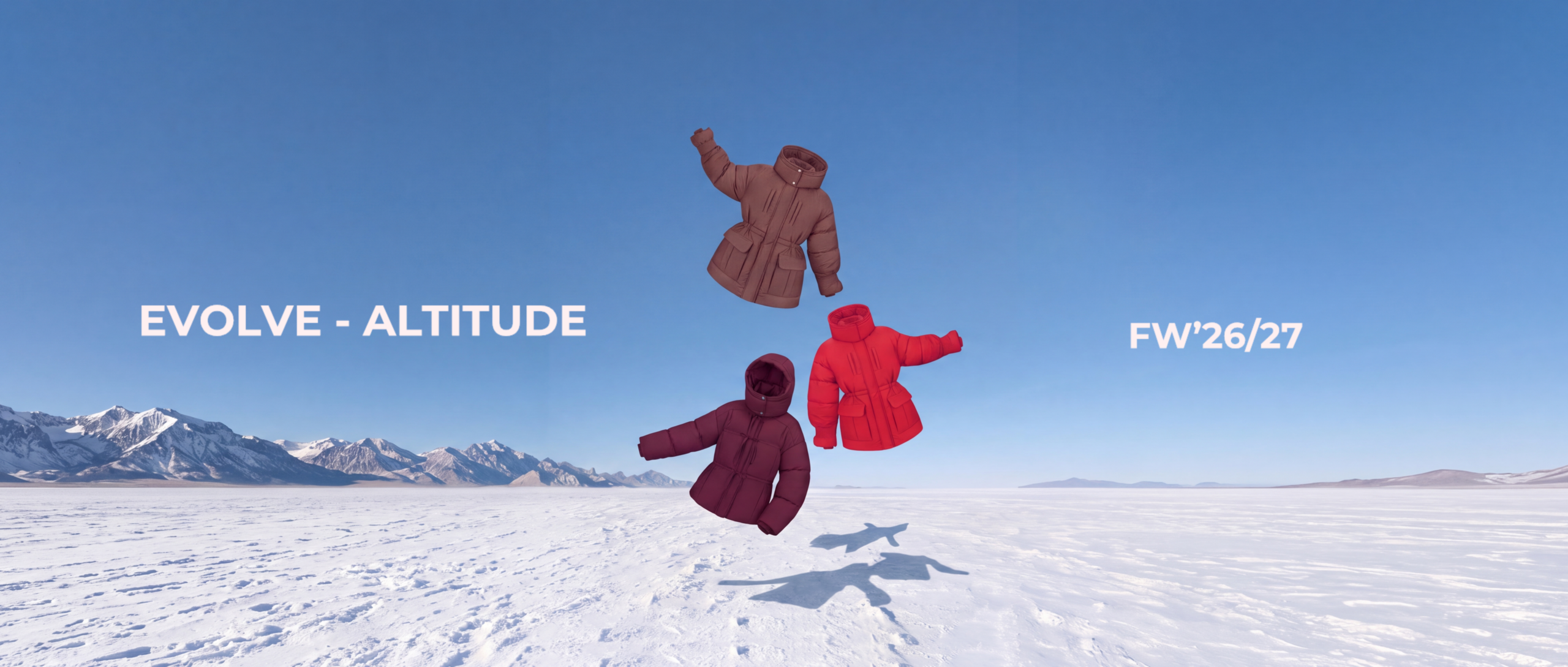 Three colorful down jackets float in a snowy landscape under a blue sky, with the text 'EVOLVE - ALTITUDE' on the left and 'FW’26/27' on the right.