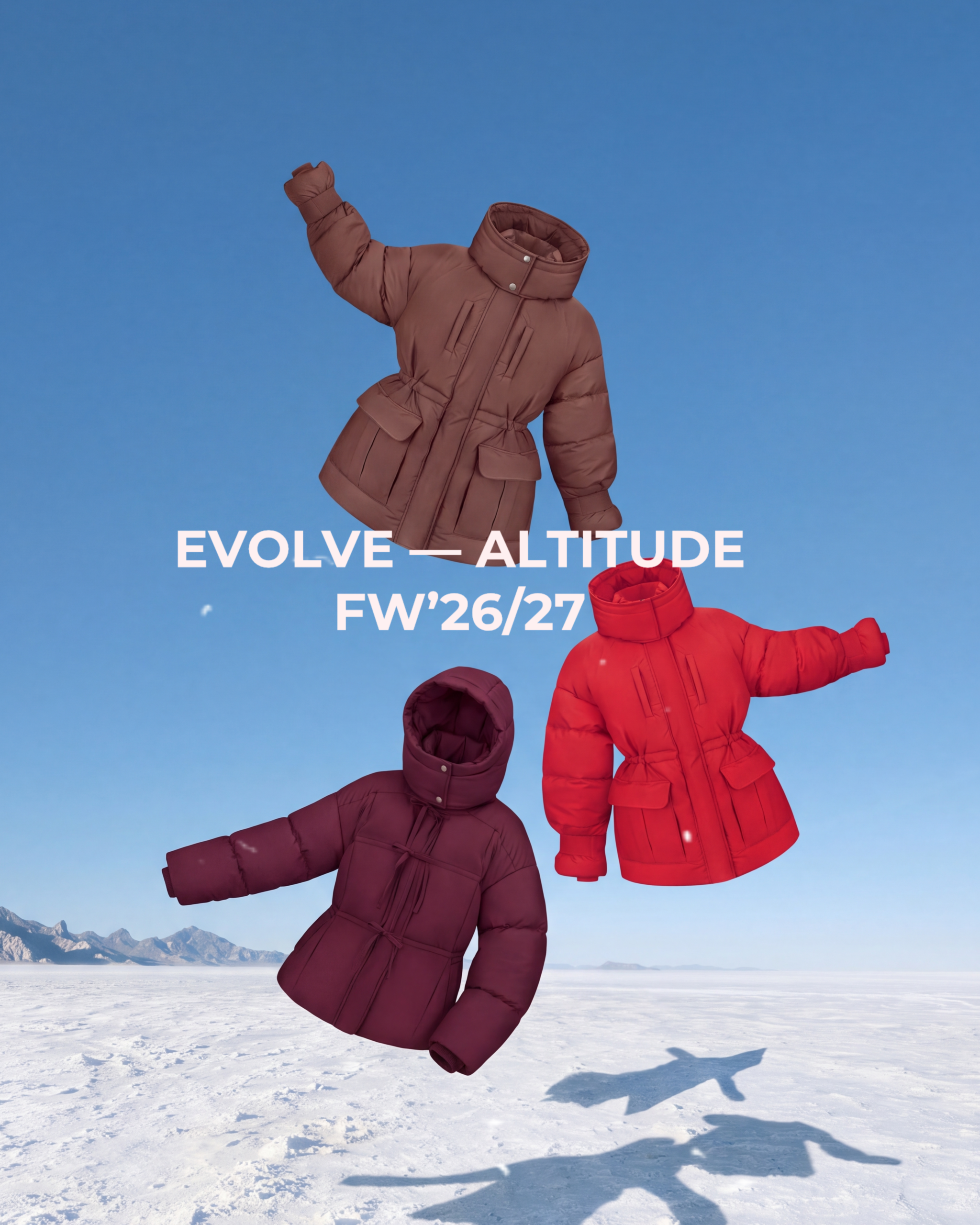 Floating puffer jackets in maroon and red against a clear blue sky above a snowy landscape, conveying a bold outerwear ad look.